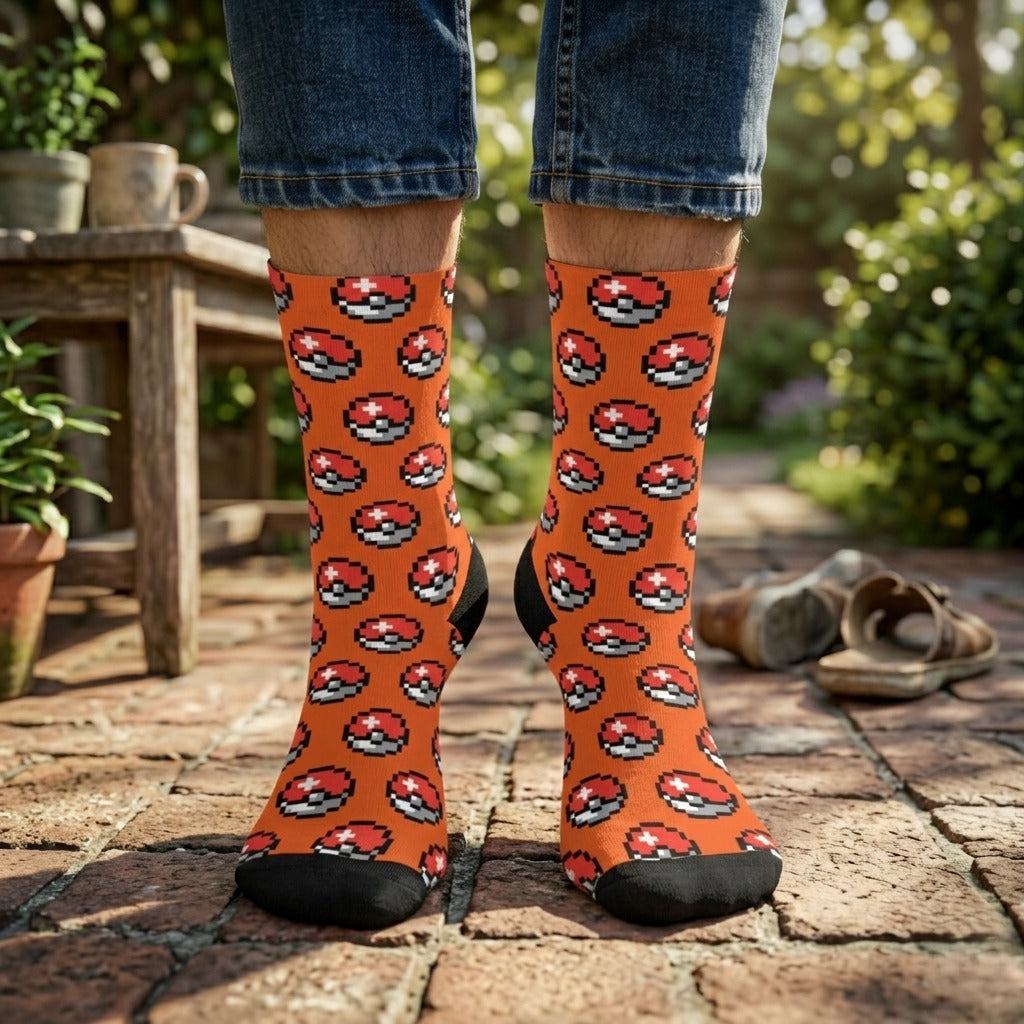 Pixel Ball Poke Muster Socken | Orangefarbene Crew-Socken aus Polyester