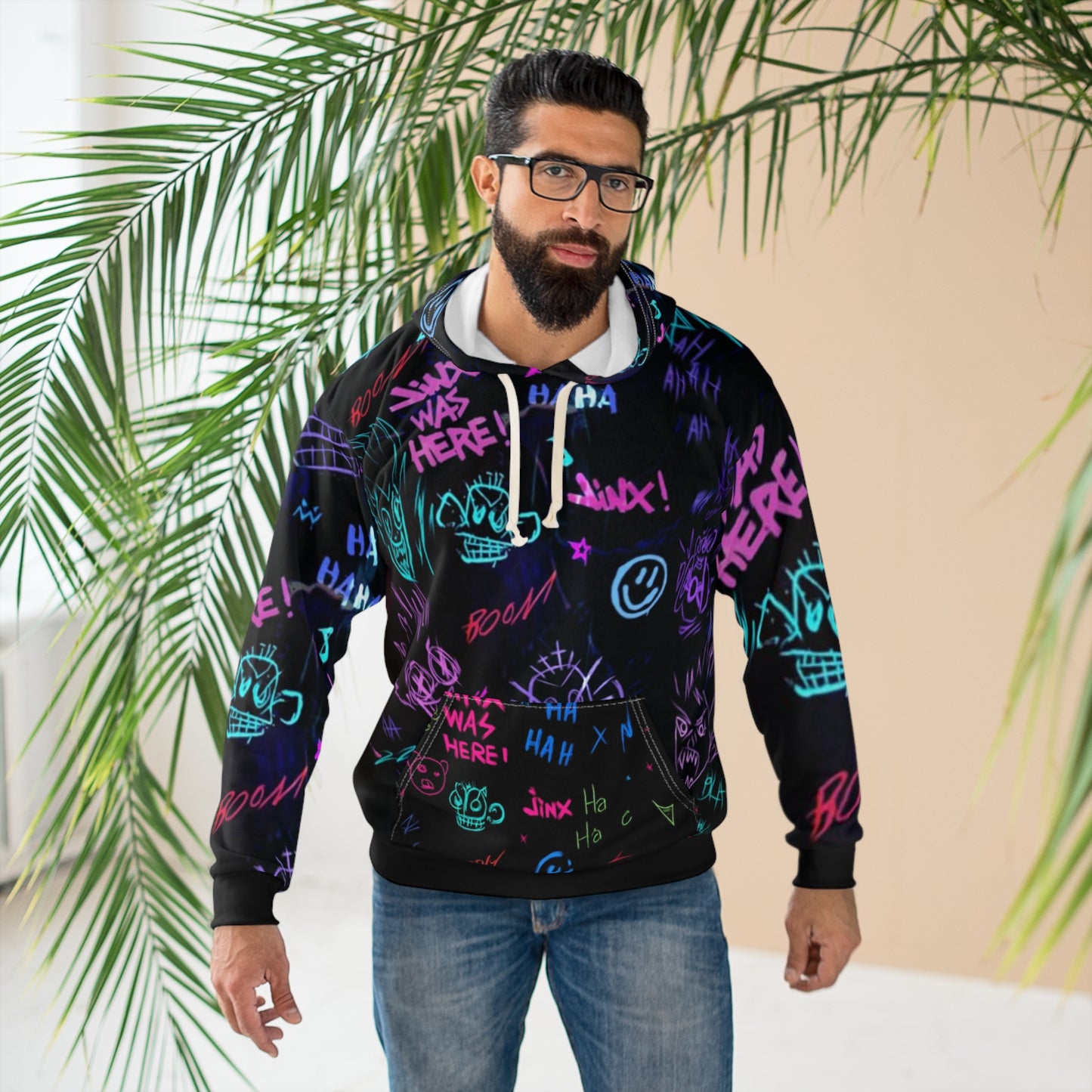 Neon-Graffiti-Jinx-Hoodie | Allover-Print-Pullover | Limitierte Auflage | Sammleredition