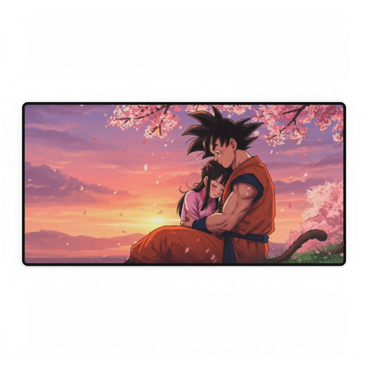 Anime Sunset Desk Mat — Goku & Chi-Chi Comforting Scene
