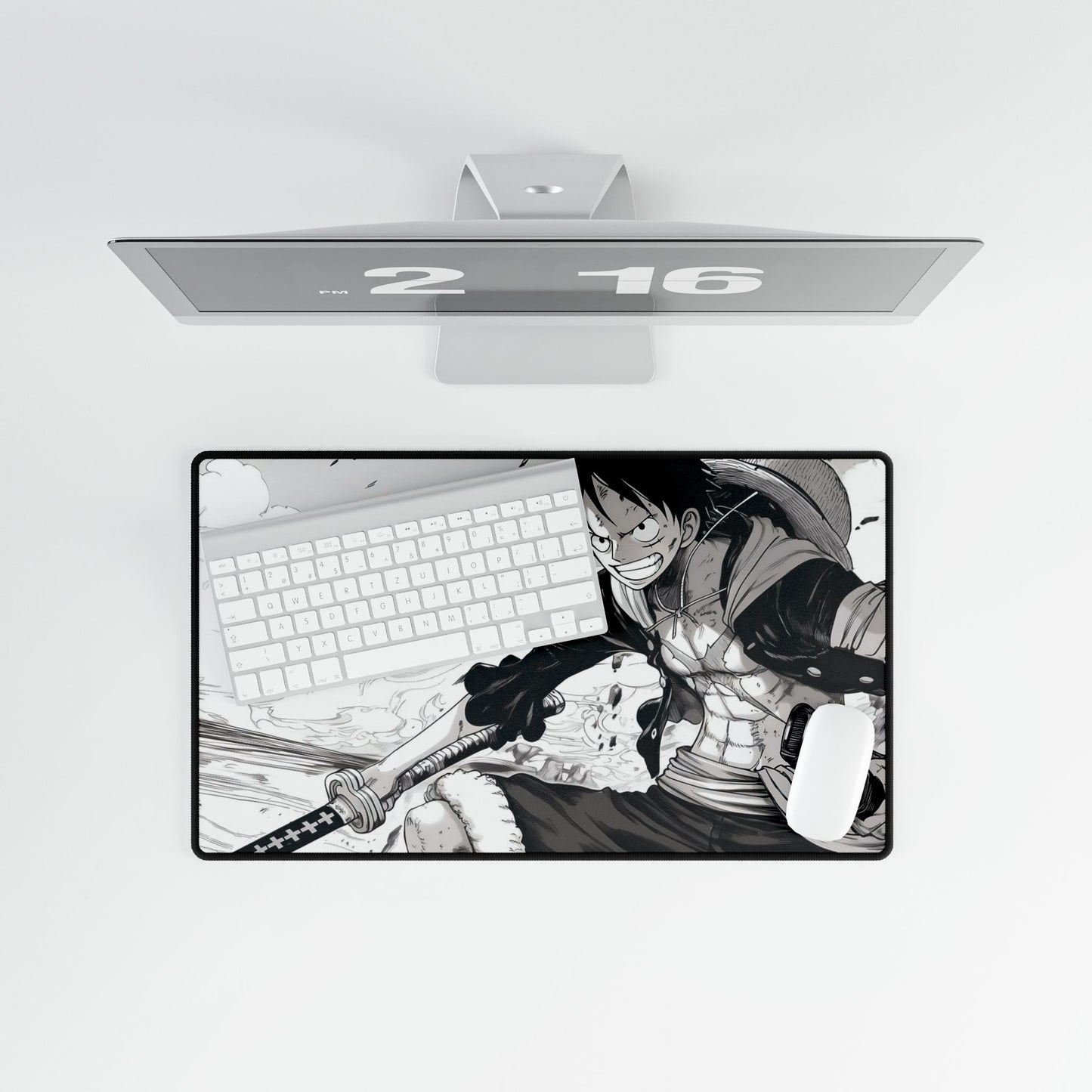 Anime One Piece Action Desk Mat — Black & White D. Luffy Battle Illustration