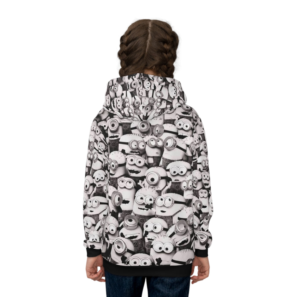 Kids All-Over Print MinionS Pattern Hoodie — Black & White Cartoon Crew