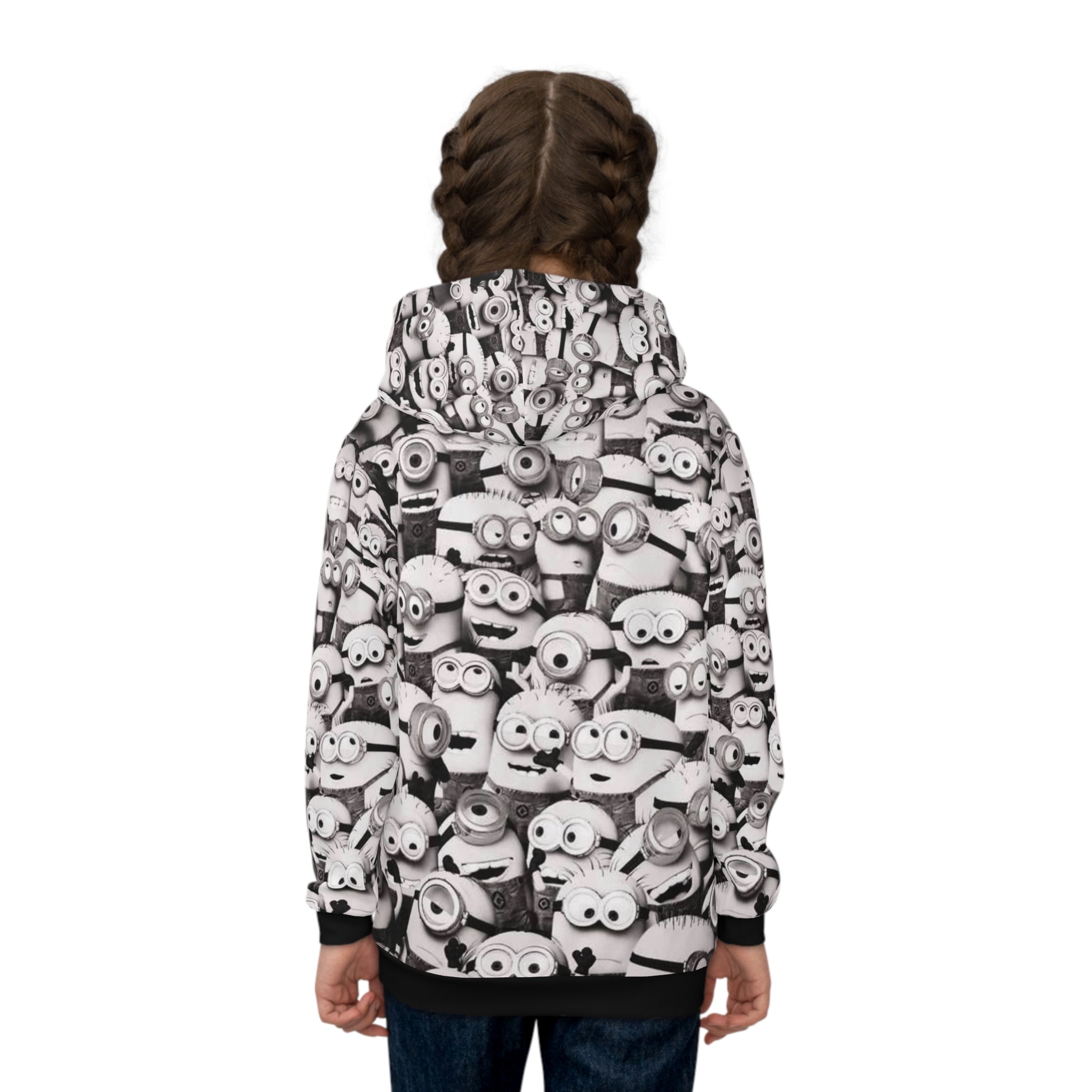 Kids All-Over Print MinionS Pattern Hoodie — Black & White Cartoon Crew