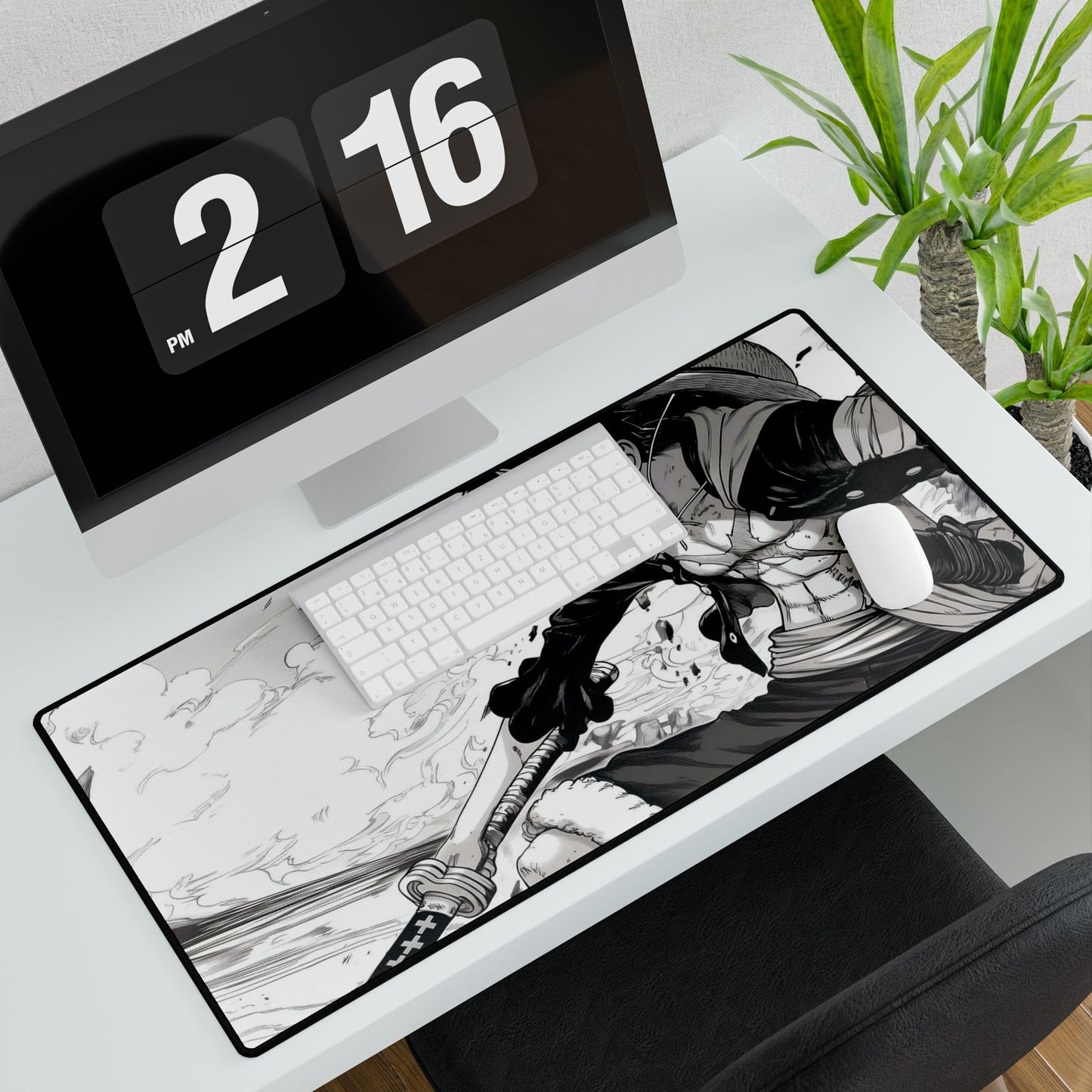 Anime One Piece Action Desk Mat — Black & White D. Luffy Battle Illustration