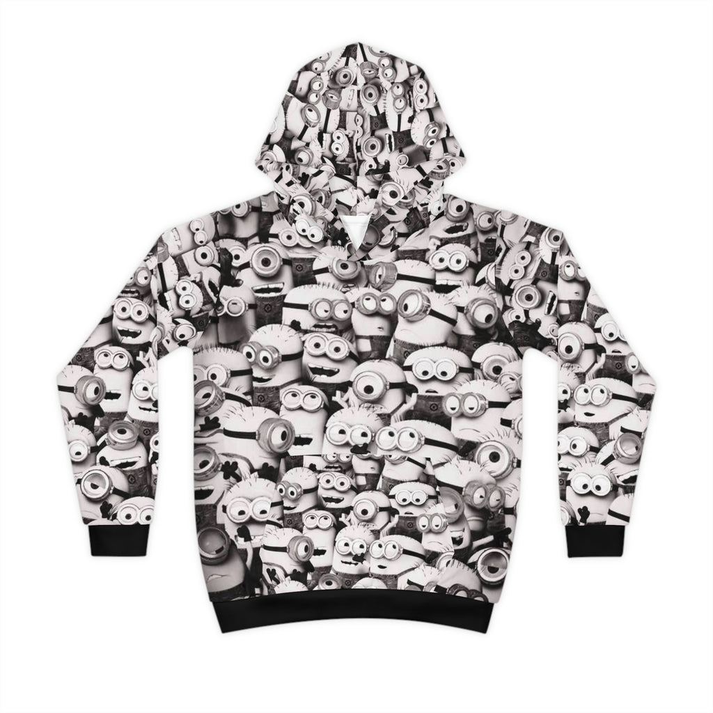 Kids All-Over Print MinionS Pattern Hoodie — Black & White Cartoon Crew