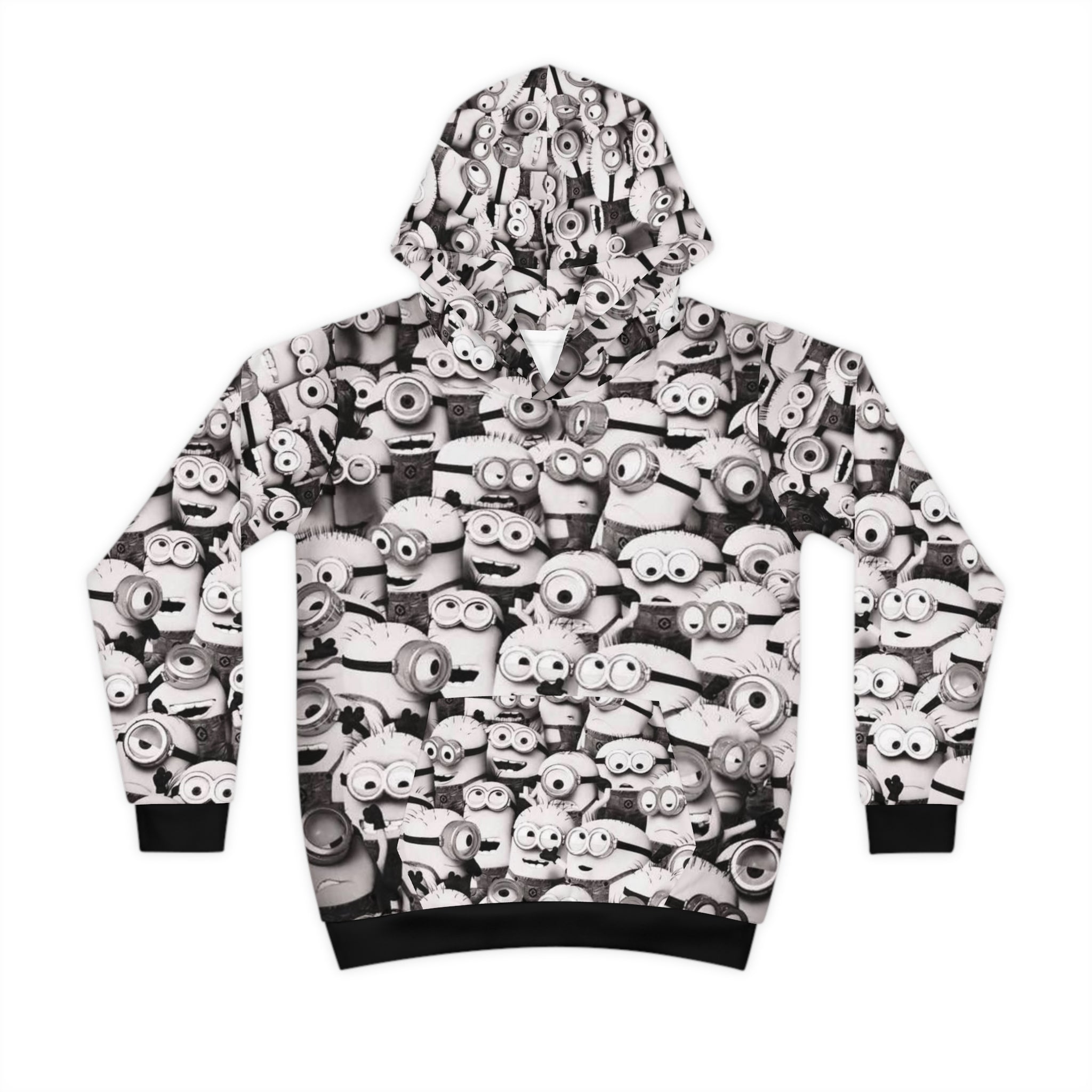 Kids All-Over Print MinionS Pattern Hoodie — Black & White Cartoon Crew