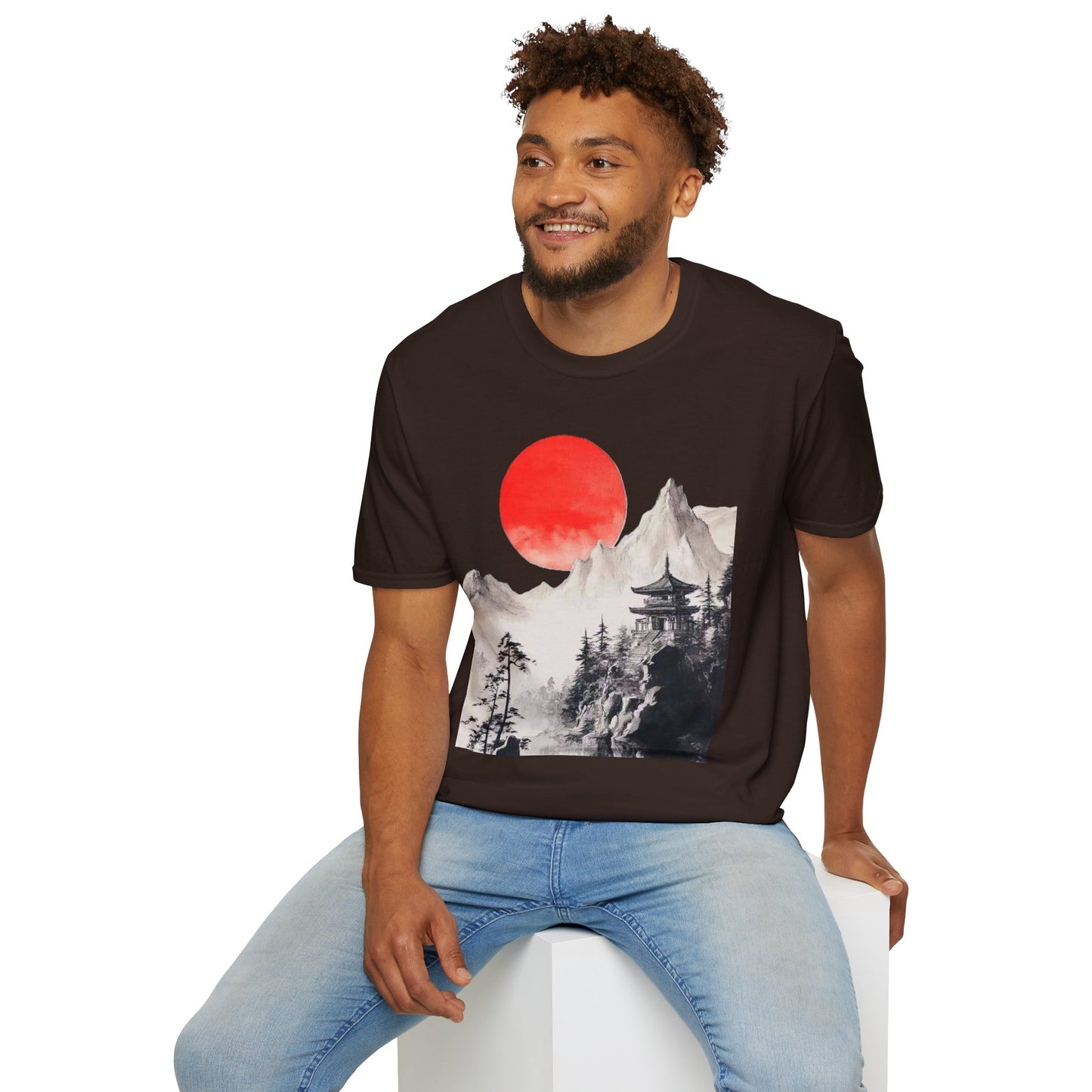 Red Sun Japanese Landscape T-Shirt | Mountain Temple Graphic Tee, Japanese Art