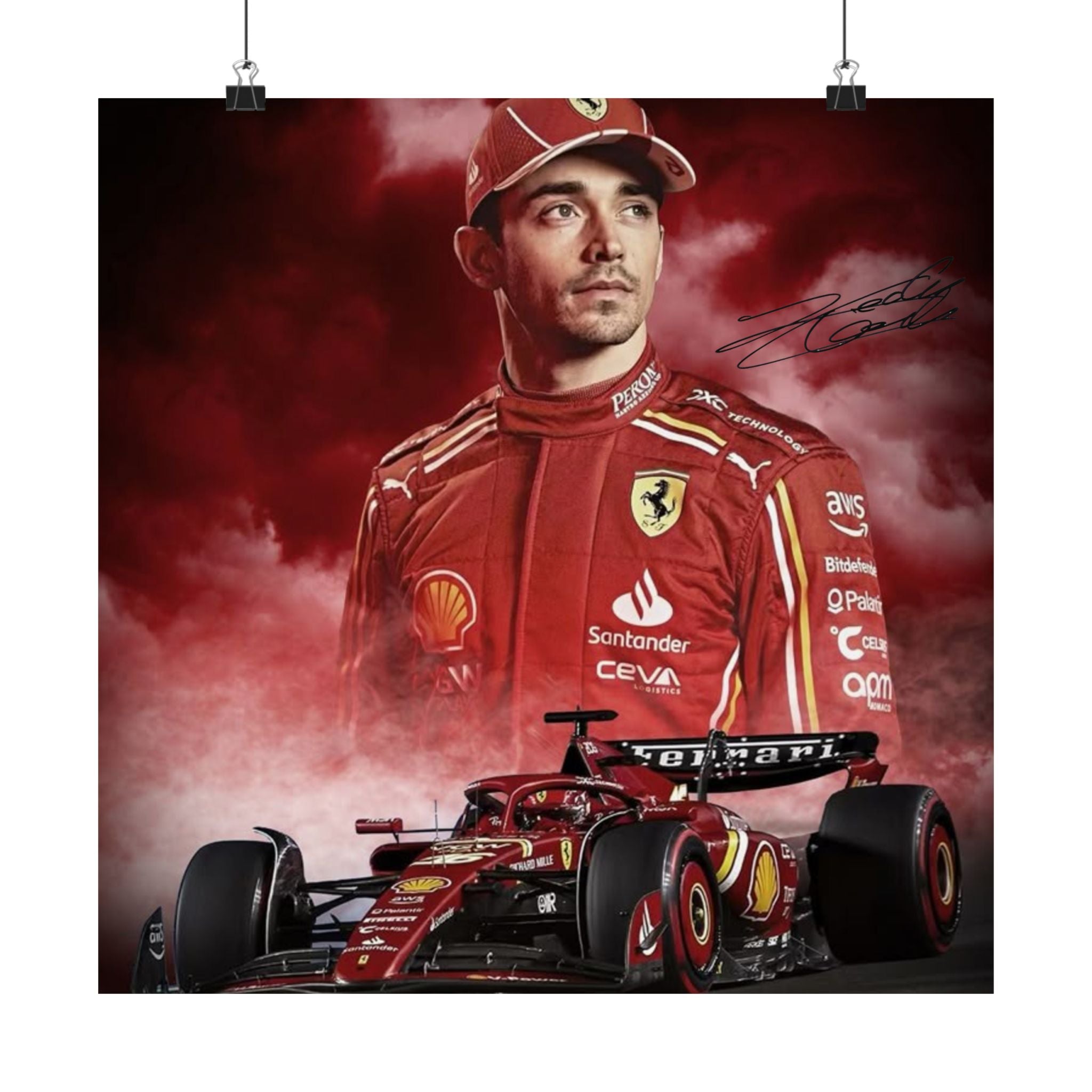 Ferrari Racing Poster of Charles LeClerc with Signiture, Matte Vertical Decor, Charles Leclerc Art Print, Car Enthusiast Gift