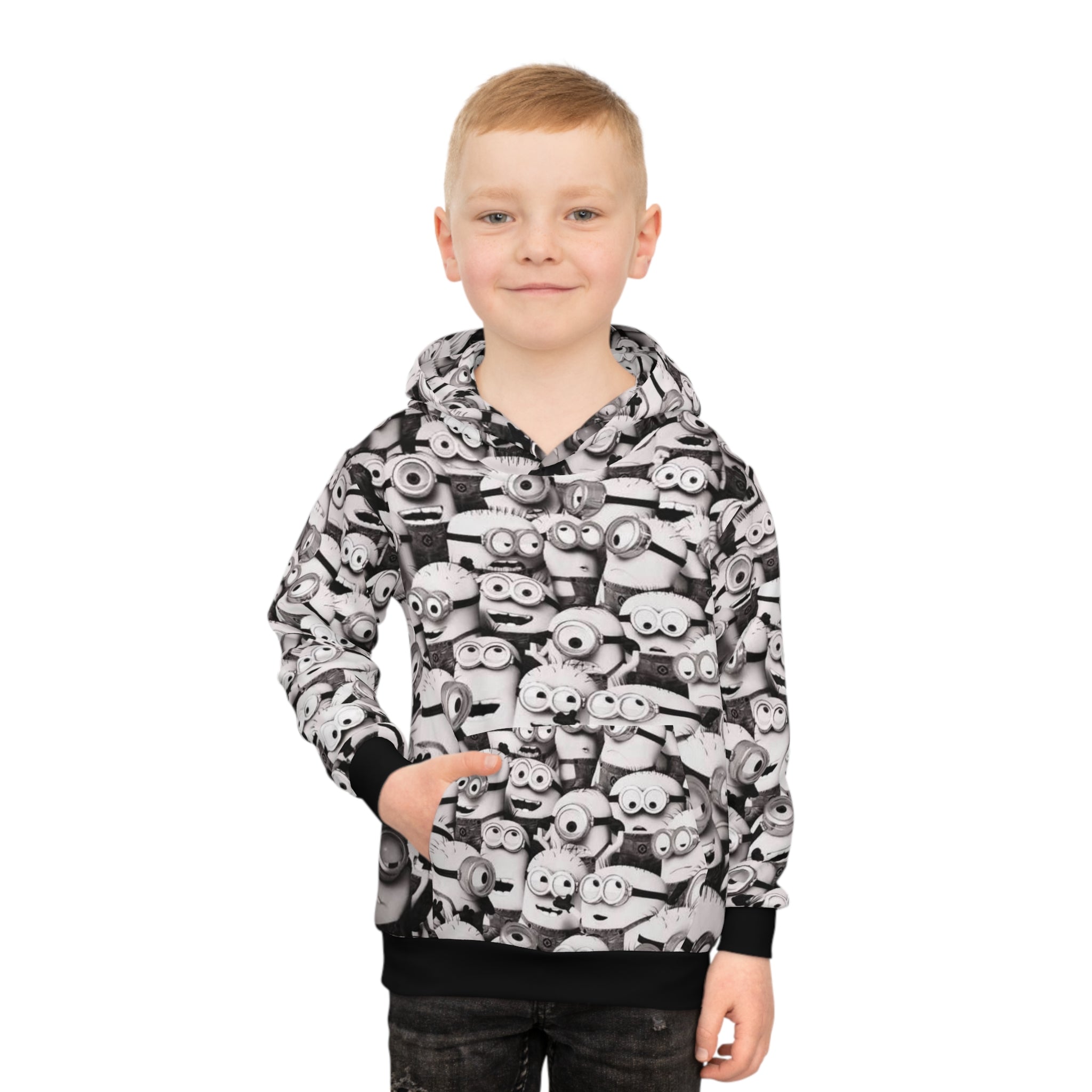 Kids All-Over Print MinionS Pattern Hoodie — Black & White Cartoon Crew