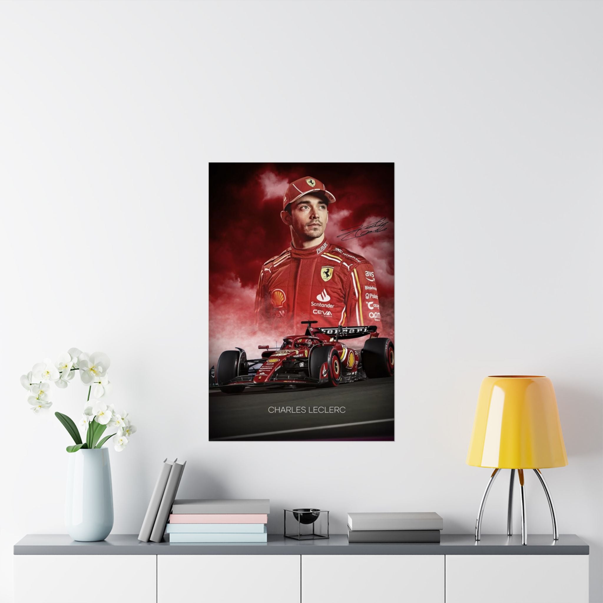Ferrari Racing Poster of Charles LeClerc with Signiture, Matte Vertical Decor, Charles Leclerc Art Print, Car Enthusiast Gift
