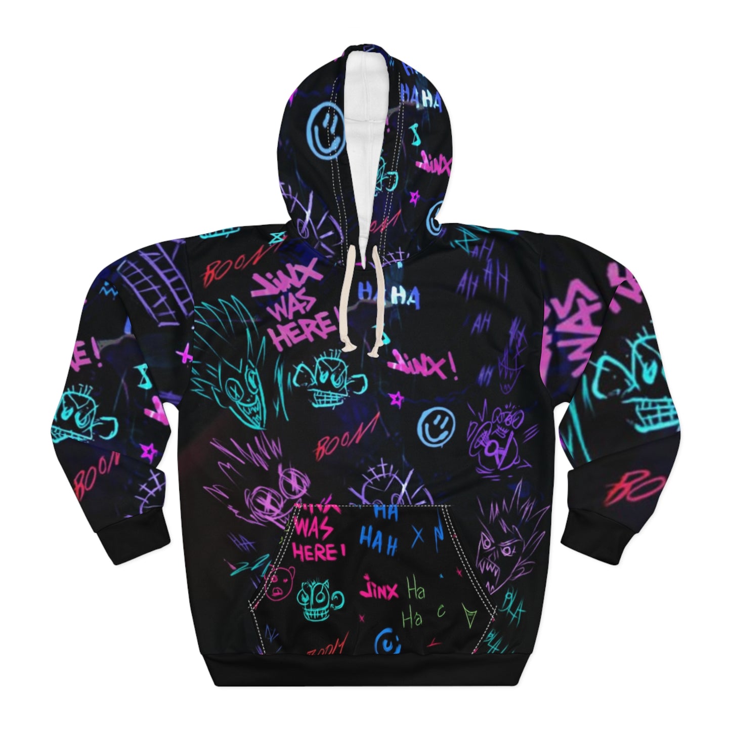 Neon-Graffiti-Jinx-Hoodie | Allover-Print-Pullover | Limitierte Auflage | Sammleredition