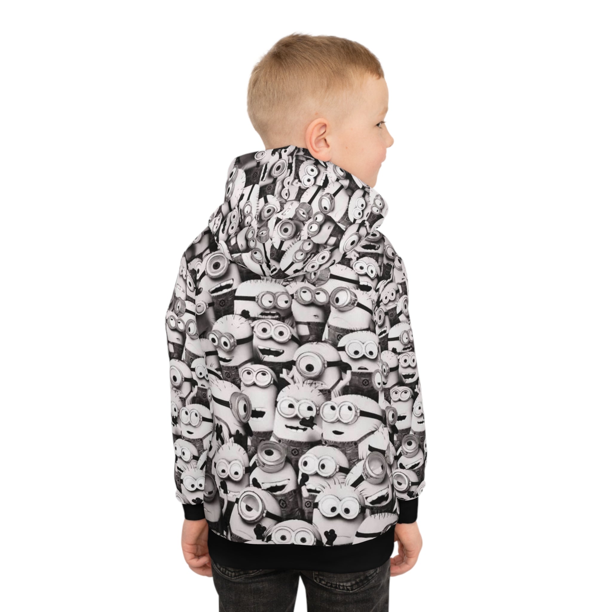 Kids All-Over Print MinionS Pattern Hoodie — Black & White Cartoon Crew