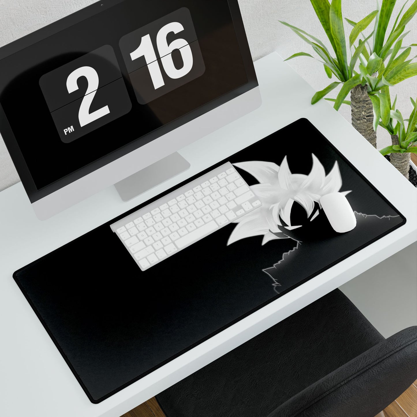 Black Anime Silhouette Desk Mat — Monochrome Goku-Style Gaming Desk Pad