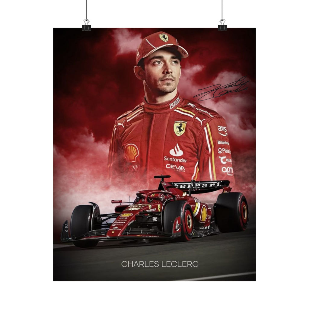 Ferrari Racing Poster of Charles LeClerc with Signiture, Matte Vertical Decor, Charles Leclerc Art Print, Car Enthusiast Gift