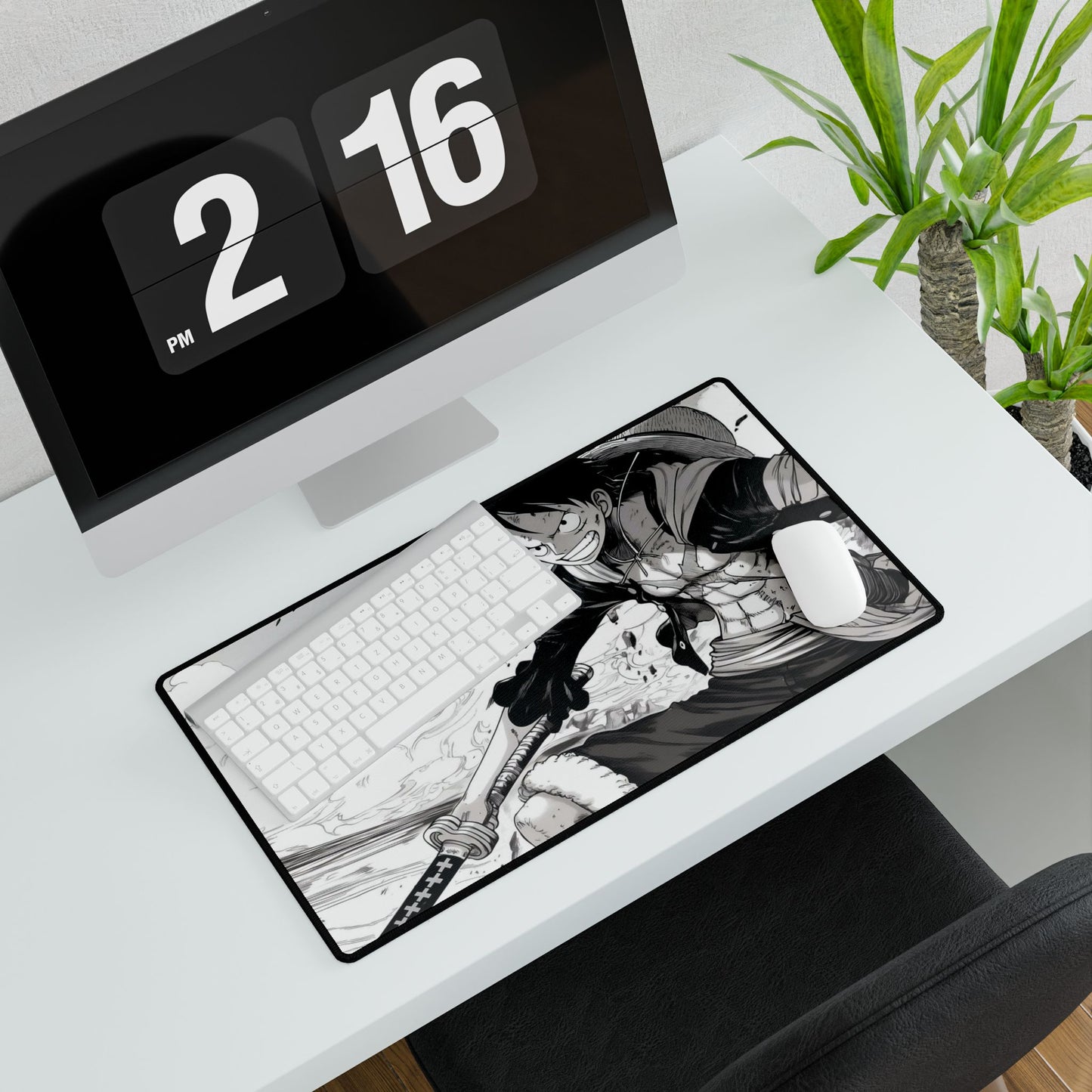 Anime One Piece Action Desk Mat — Black & White D. Luffy Battle Illustration