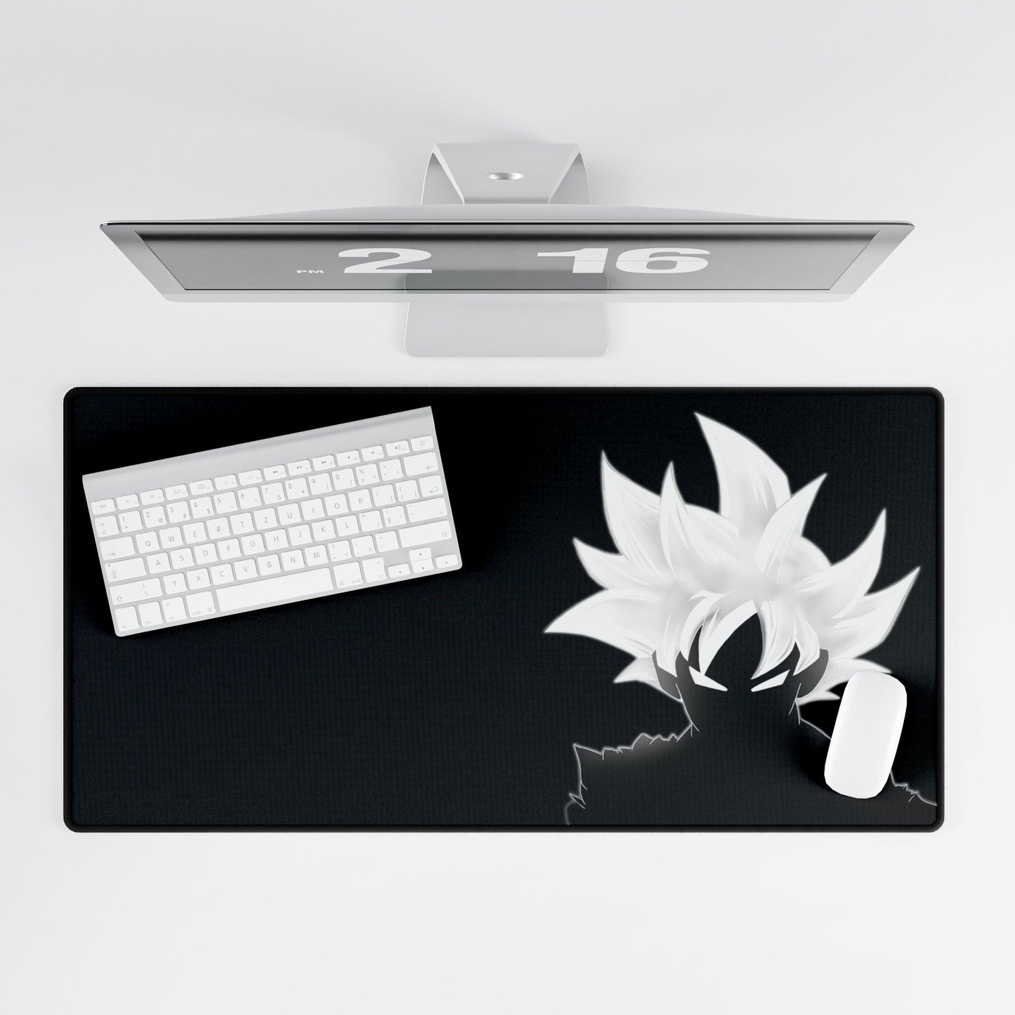Black Anime Silhouette Desk Mat — Monochrome Goku-Style Gaming Desk Pad