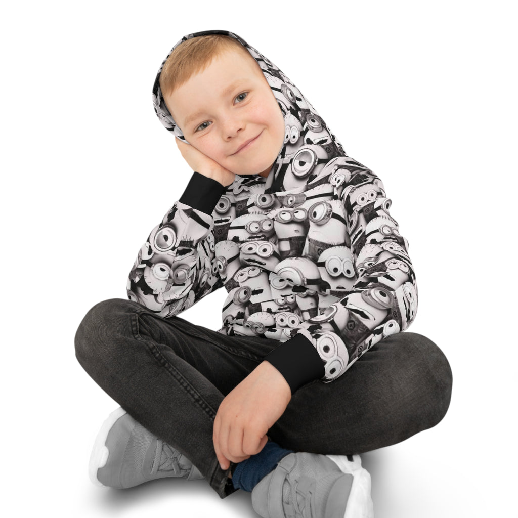 Kids All-Over Print MinionS Pattern Hoodie — Black & White Cartoon Crew