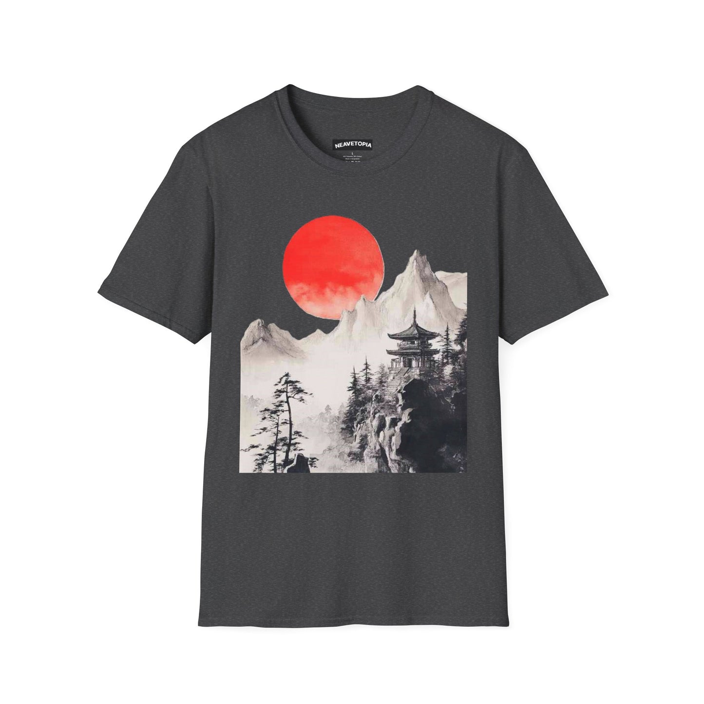 Red Sun Japanese Landscape T-Shirt | Mountain Temple Graphic Tee, Japanese Art