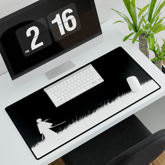 Samurai Silhouette Desk Mat — Black Minimalist Gaming/Workstation Mouse Pad