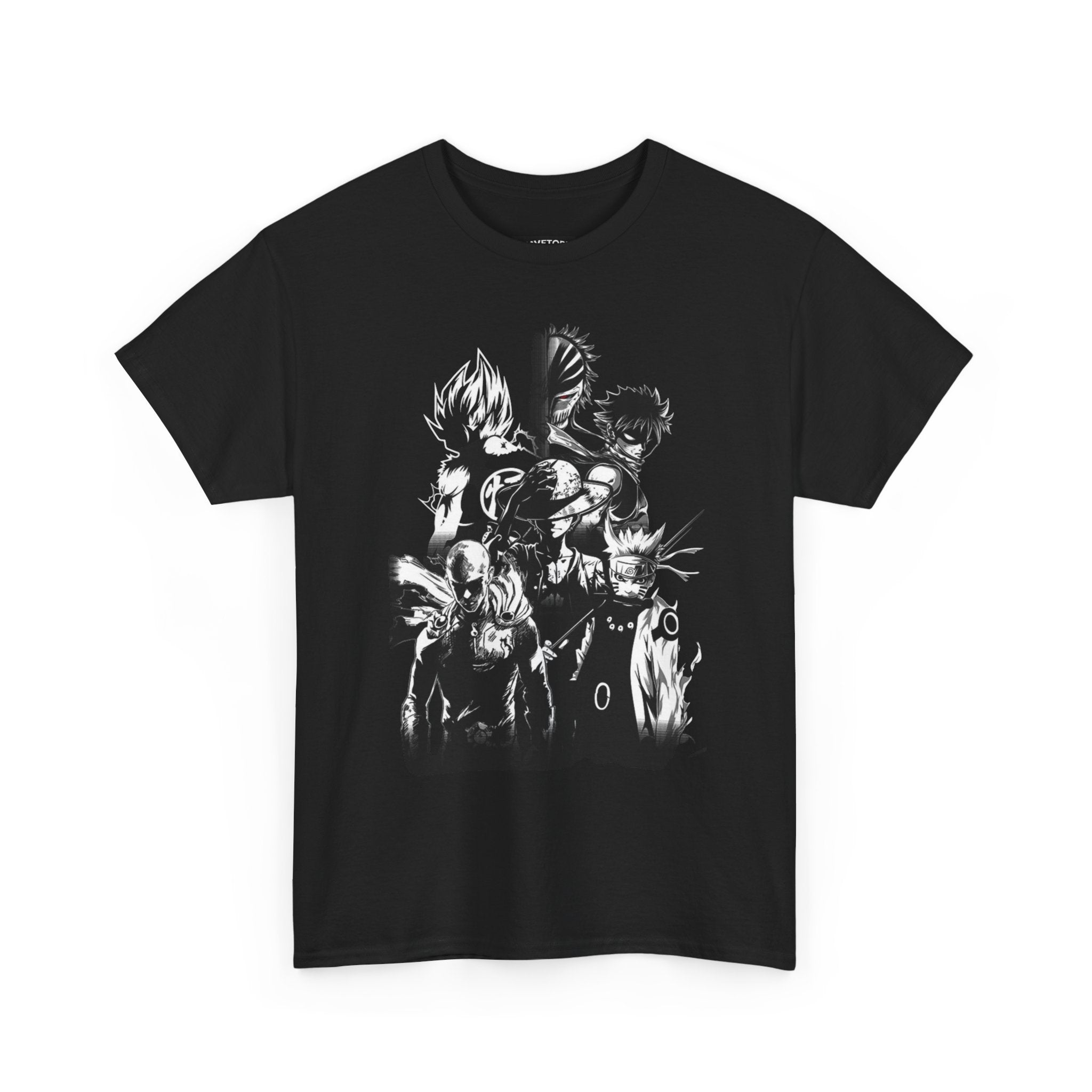 Anime Heroes Black Graphic Tee — Monochrome Shonen Character Collage
