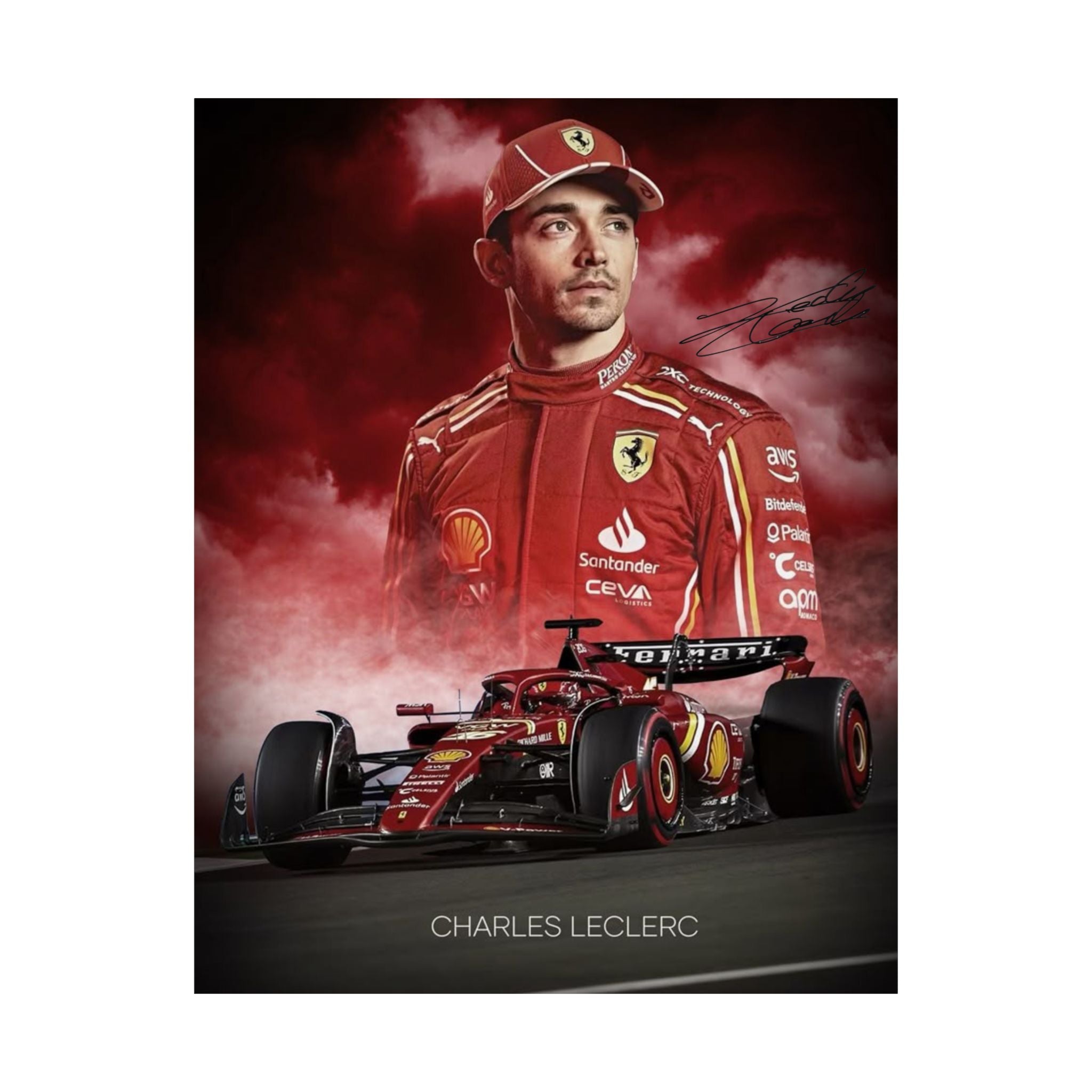 Ferrari Racing Poster of Charles LeClerc with Signiture, Matte Vertical Decor, Charles Leclerc Art Print, Car Enthusiast Gift
