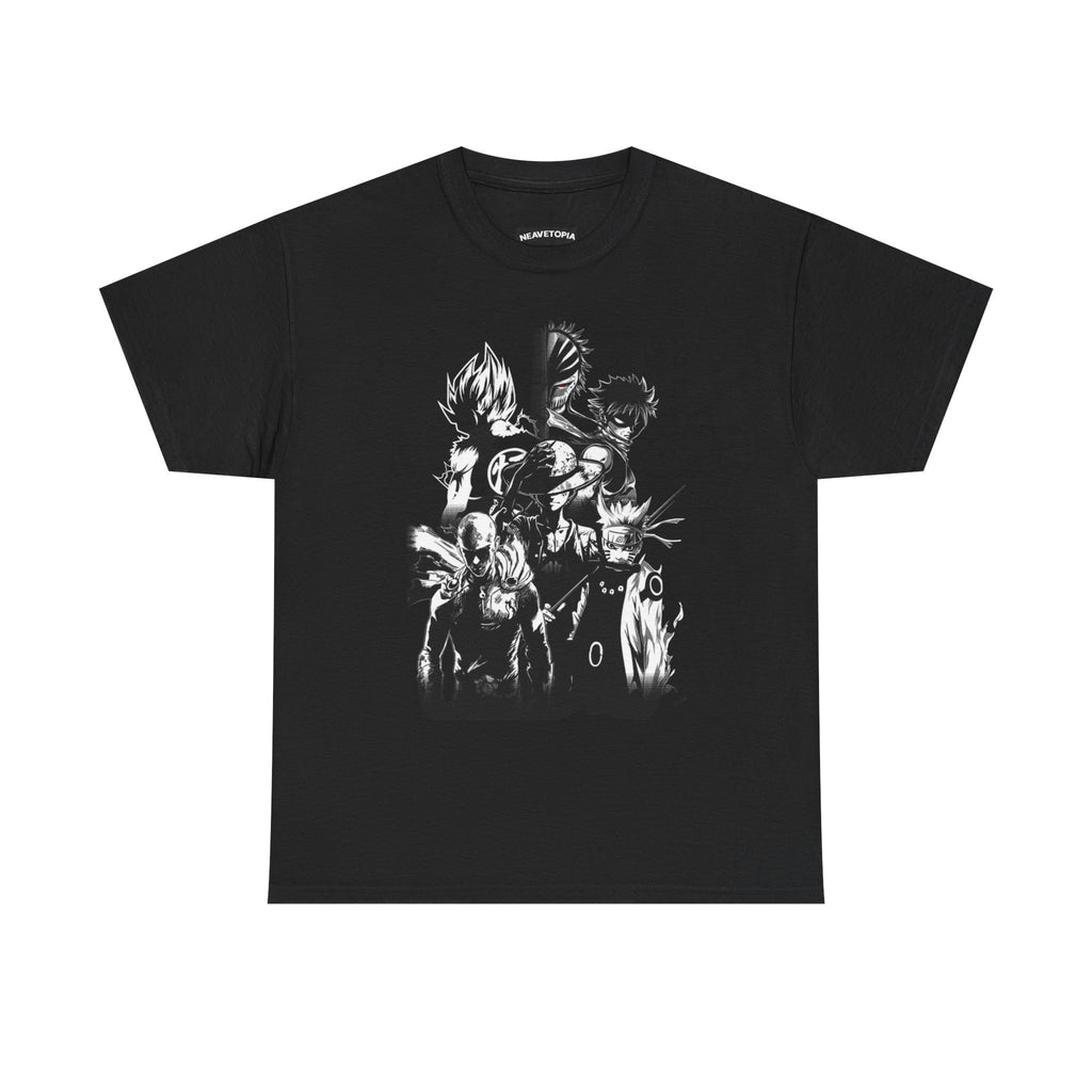 Anime Heroes Black Graphic Tee — Monochrome Shonen Character Collage