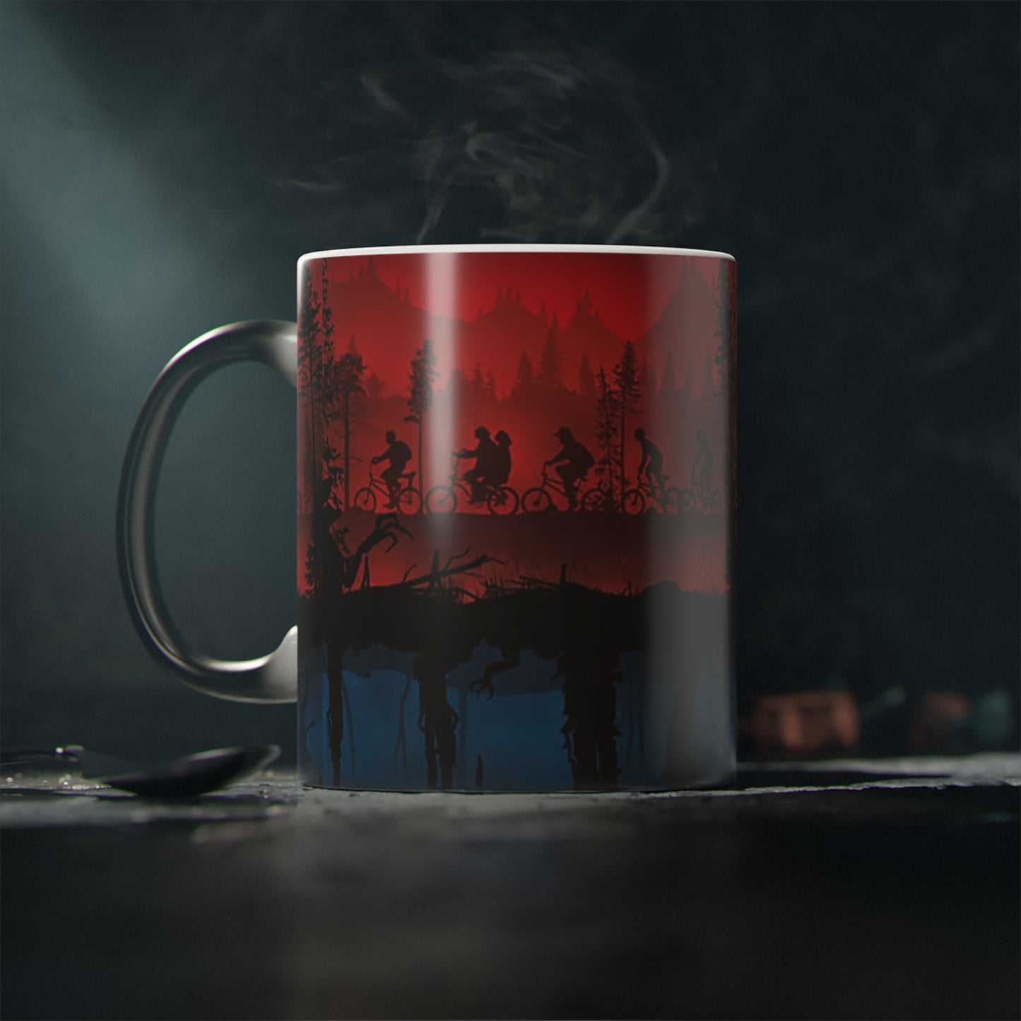 Stranger Kids Silhouette Magic Mug | Retro Bike Ride Upside-Down Forest