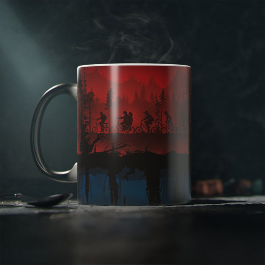 Stranger Kids Silhouette Magic Mug | Retro Bike Ride Upside-Down Forest