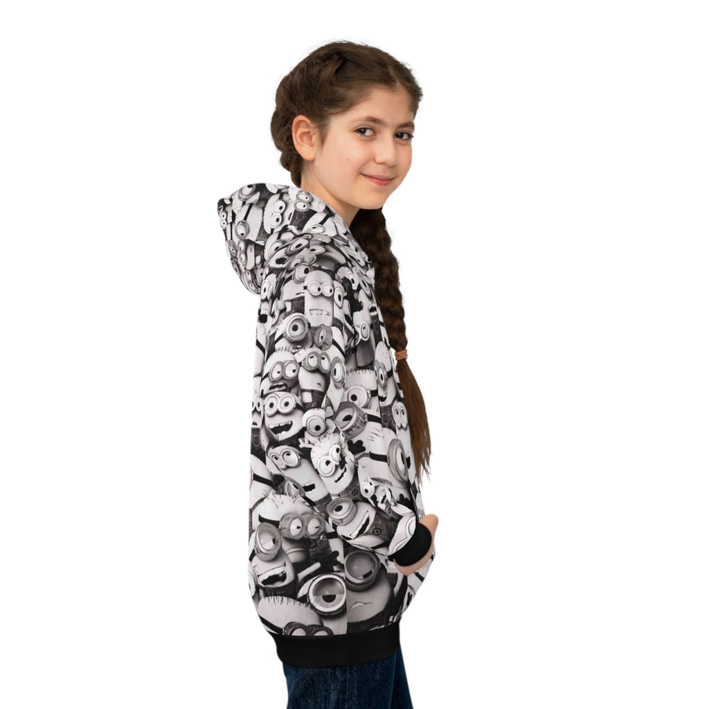 Kids All-Over Print MinionS Pattern Hoodie — Black & White Cartoon Crew