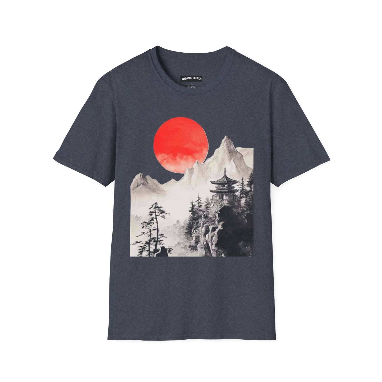 Red Sun Japanese Landscape T-Shirt | Mountain Temple Graphic Tee, Japanese Art