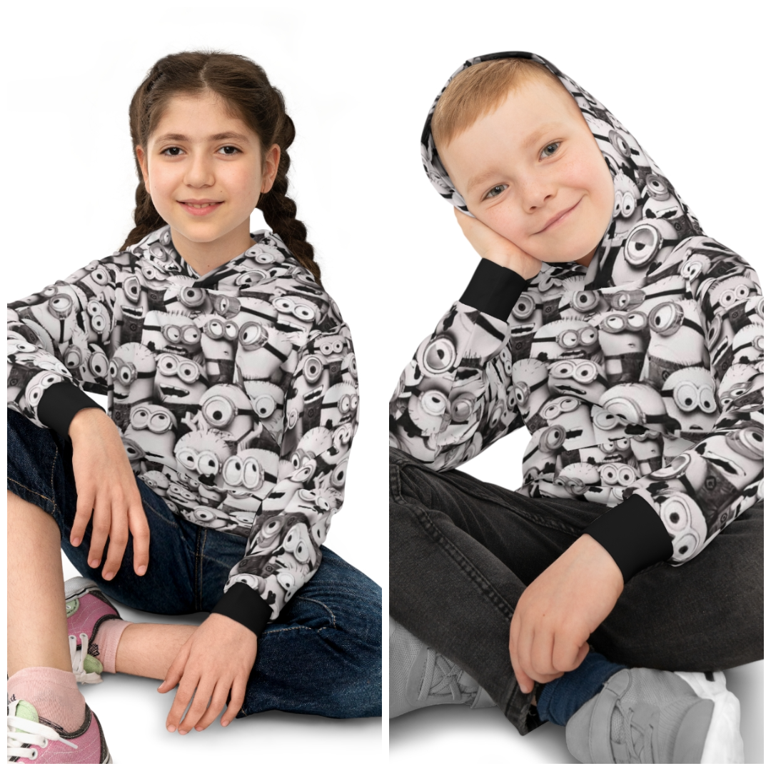 Kids All-Over Print MinionS Pattern Hoodie — Black & White Cartoon Crew