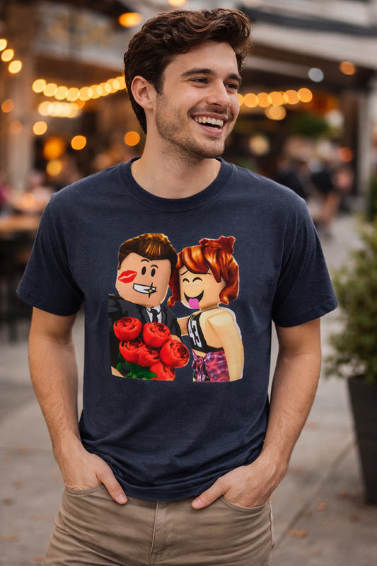 T-shirt de couple Roblox pour la Saint-Valentin — T-shirt mignon pour gamers romantiques avec des roses
