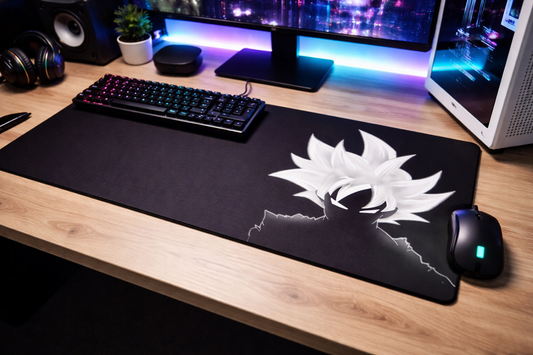 Schwarze Anime-Silhouetten-Schreibtischunterlage – Monochromes Gaming-Mauspad im Goku-Stil