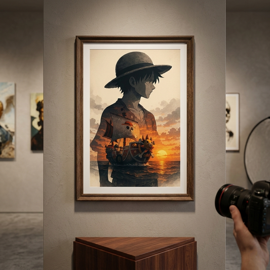 Strohhutpiraten-Porträt als Rollposter | Ruffy Sonnenuntergang Schiffskunst | One Piece