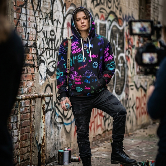 Neon-Graffiti-Jinx-Hoodie | Allover-Print-Pullover | Limitierte Auflage | Sammleredition