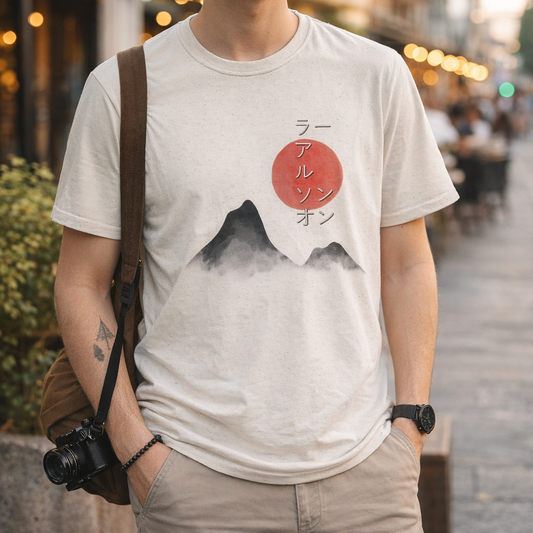 Personalisiertes T-Shirt mit japanischem Namen und Sonnenuntergang-Bergmotiv | Minimalistisches Zen-Berg-Design, personalisiert