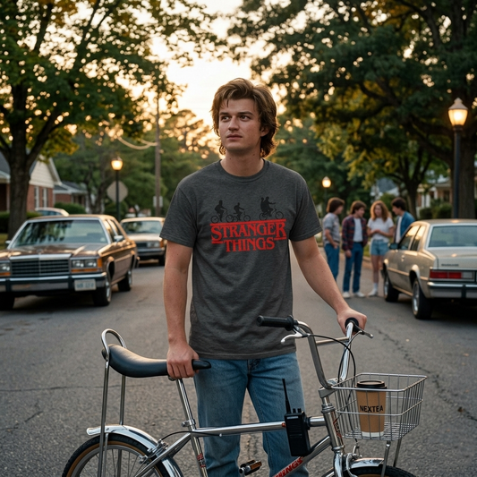 Stranger Things Logo T-Shirt im Retro-Stil mit Fahrrad-Silhouette