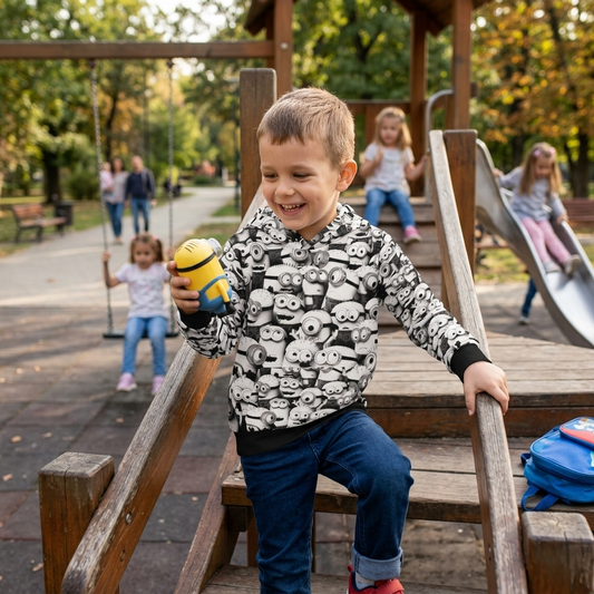 Kids All-Over Print MinionS Pattern Hoodie — Black & White Cartoon Crew