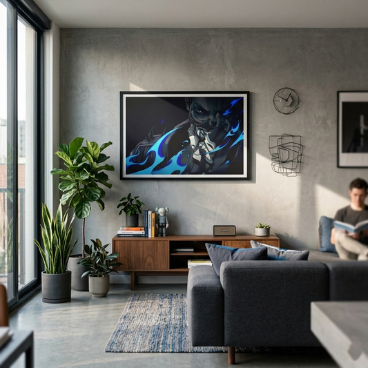 Yoru Valorant Charakter – Blue Flame Aesthetic Kunstdruck gerollt