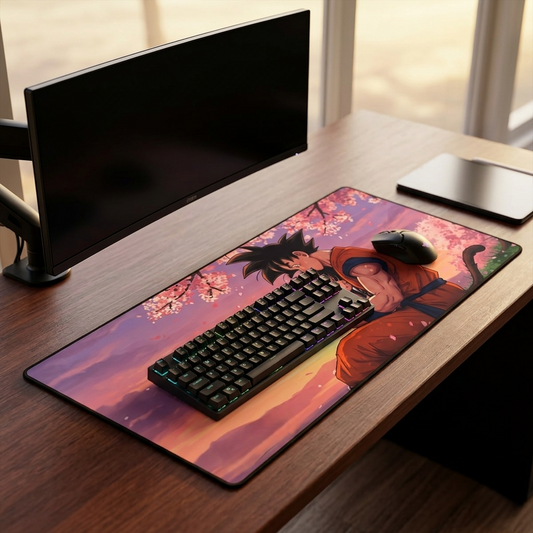 Anime Sunset Desk Mat — Goku & Chi-Chi Comforting Scene
