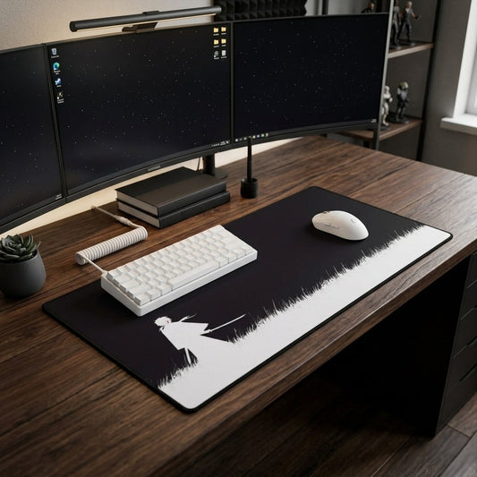 Samurai Silhouette Desk Mat — Black Minimalist Gaming/Workstation Mouse Pad