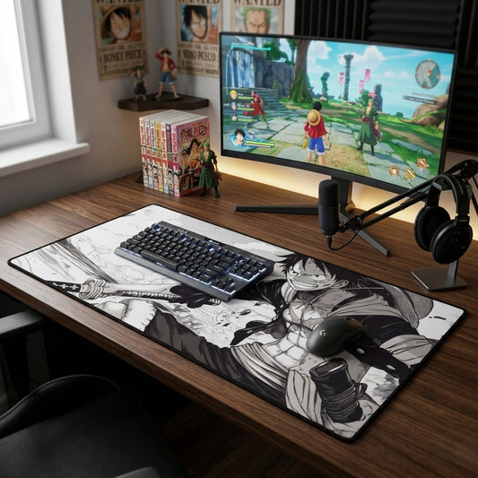 Anime One Piece Action Schreibtischunterlage — Schwarz-Weiß D. Luffy Kampf-Illustration