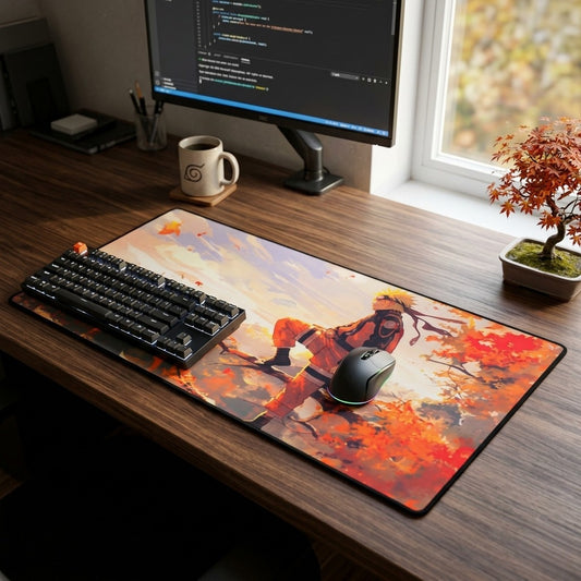 Naruto Anime Autumn Scene Desk Mat — Ninja Silhouette Gaming Mouse Pad