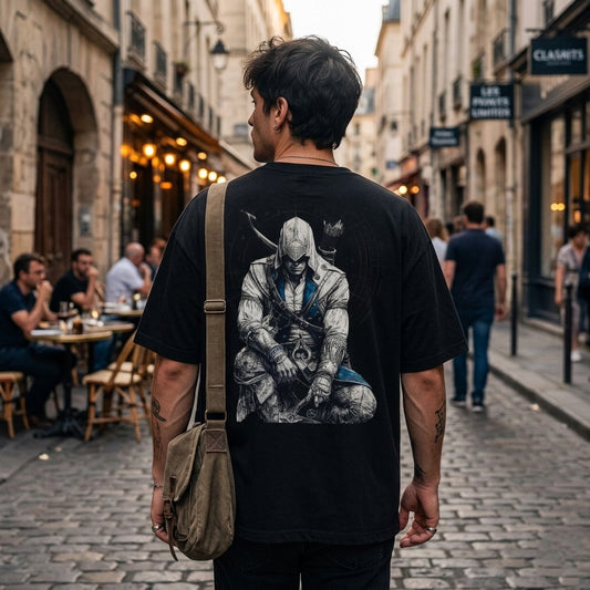 Assassin's Creed Übergrößen-T-Shirt — Baumwoll-T-Shirt mit Videospiel-Grafik