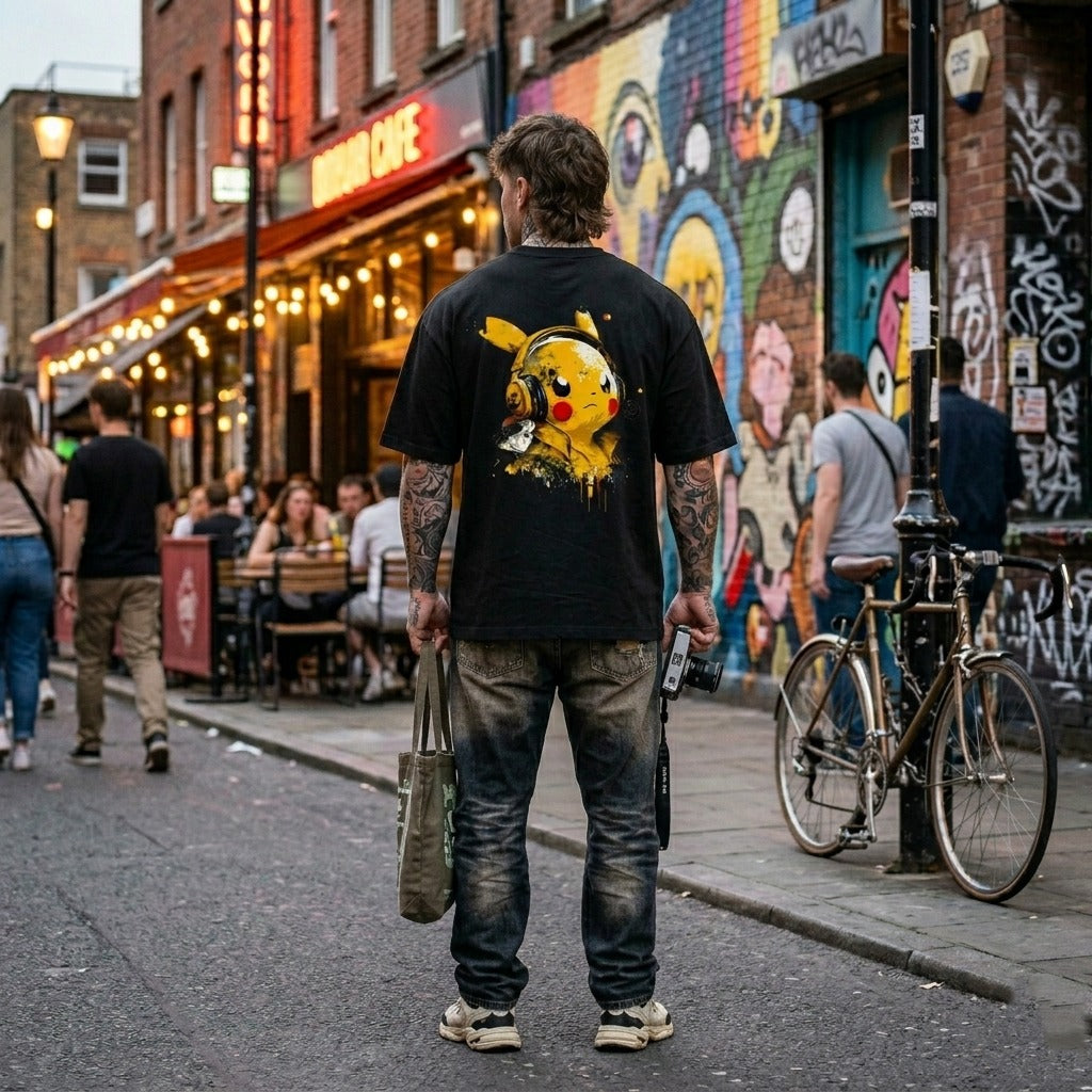 Pika-Pika Style Over Sized Tee — Grafik-T-Shirt aus Baumwolle im Anime-Stil