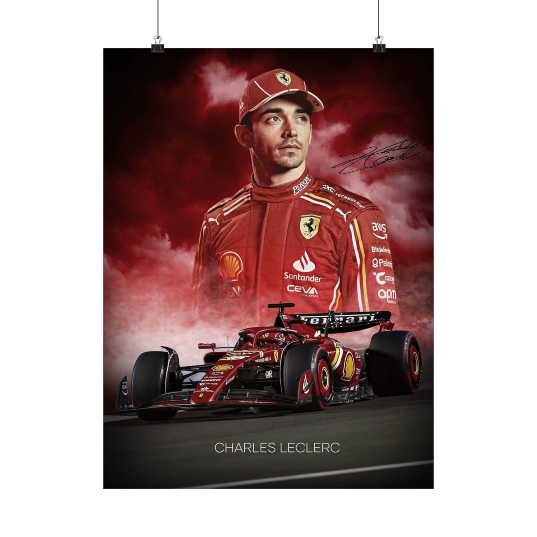 Ferrari Racing Poster of Charles LeClerc with Signiture, Matte Vertical Decor, Charles Leclerc Art Print, Car Enthusiast Gift