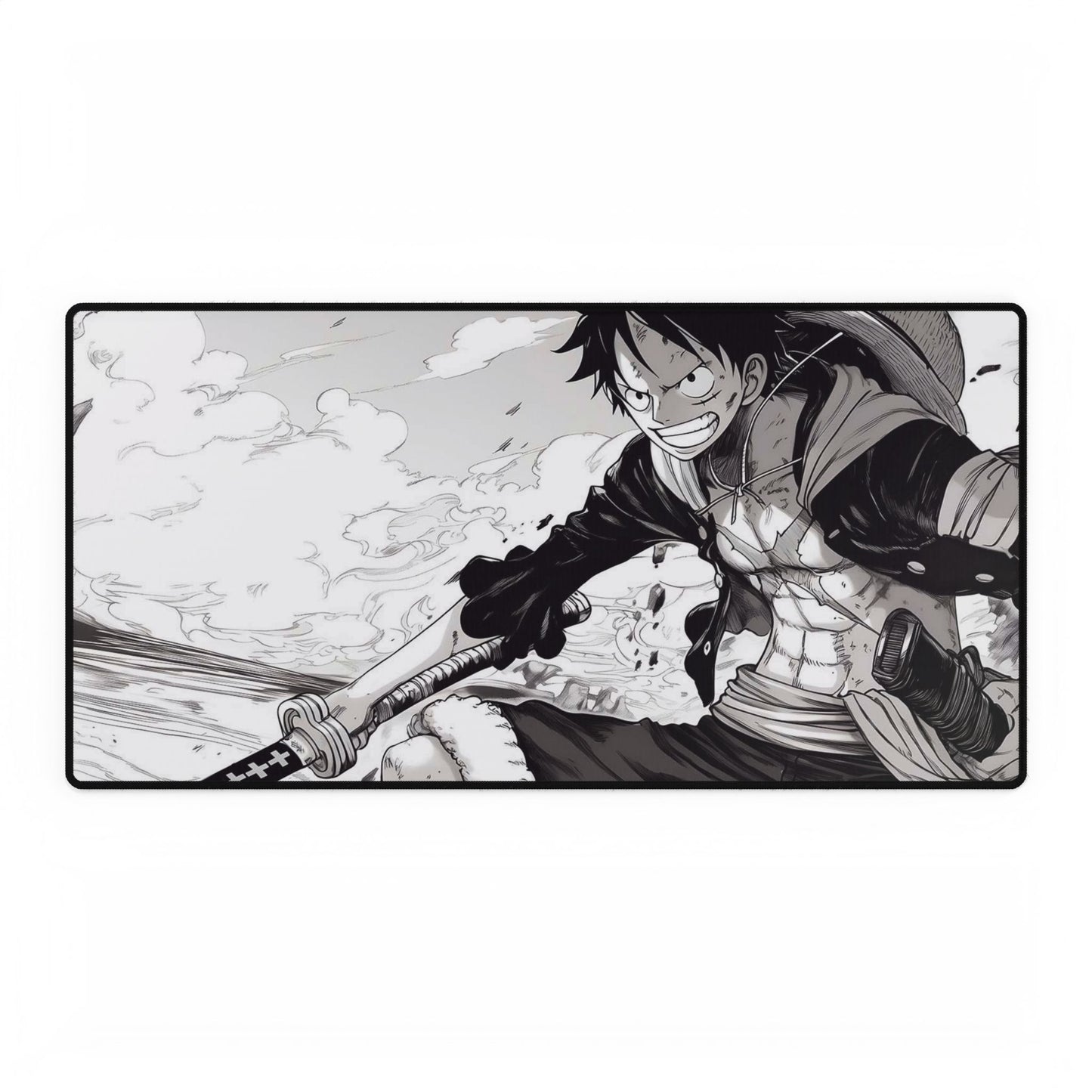 Anime One Piece Action Desk Mat — Black & White D. Luffy Battle Illustration