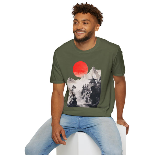 Red Sun Japanese Landscape T-Shirt | Mountain Temple Graphic Tee, Japanese Art