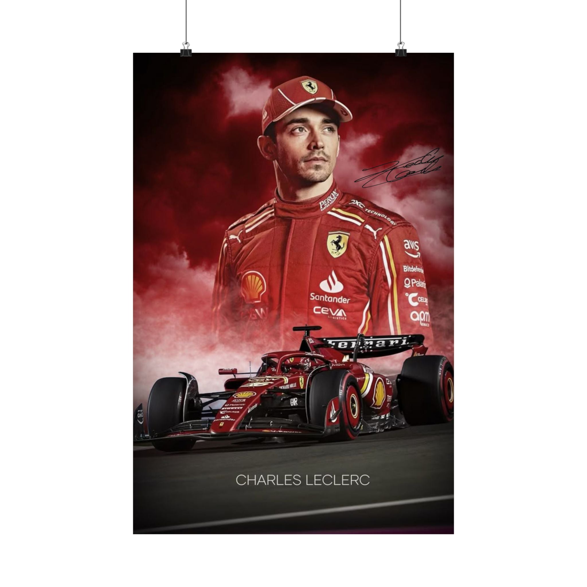 Ferrari Racing Poster of Charles LeClerc with Signiture, Matte Vertical Decor, Charles Leclerc Art Print, Car Enthusiast Gift