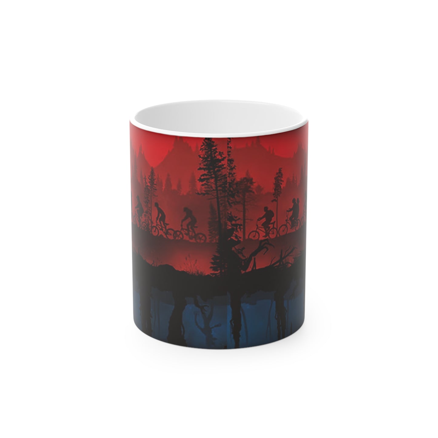 Stranger Kids Silhouette Magic Mug | Retro Bike Ride Upside-Down Forest