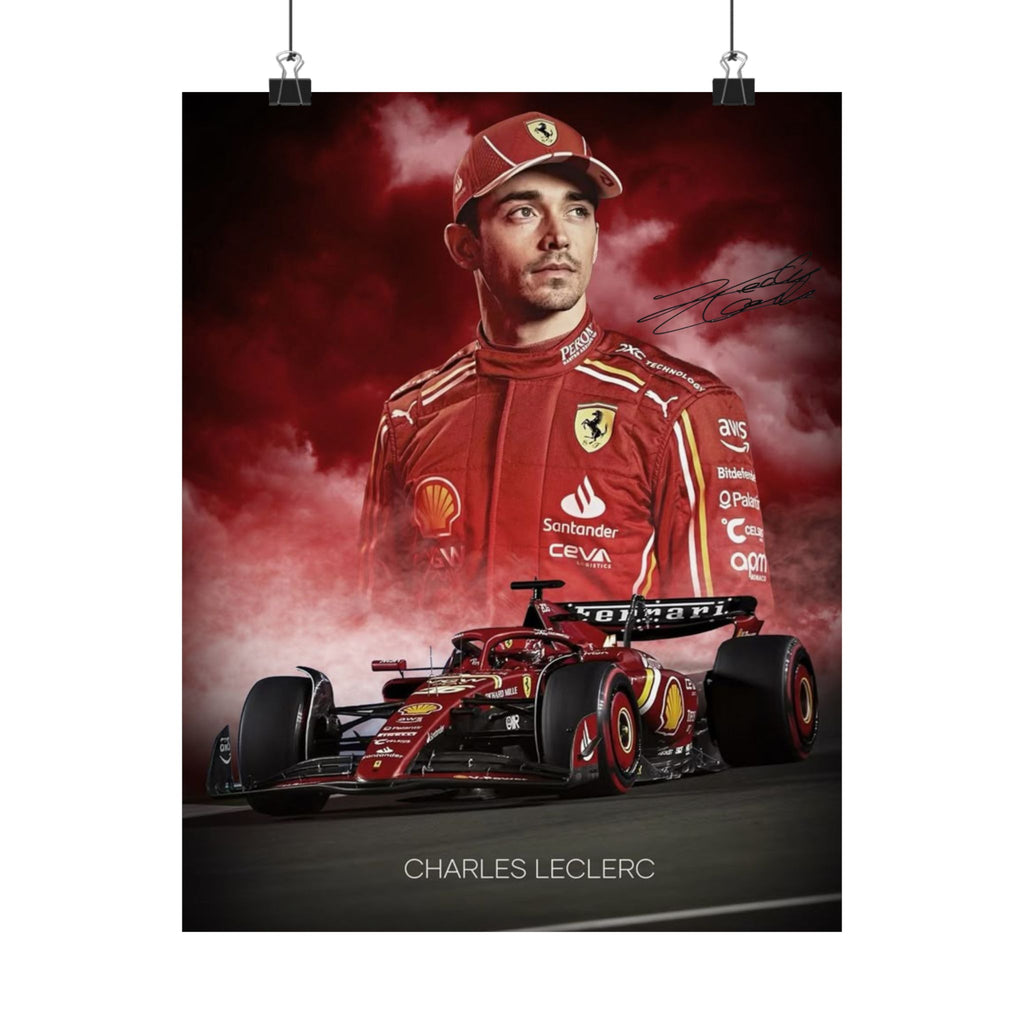 Ferrari Racing Poster of Charles LeClerc with Signiture, Matte Vertical Decor, Charles Leclerc Art Print, Car Enthusiast Gift